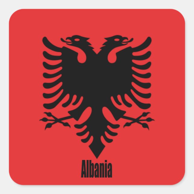 Pegatina Cuadrada Bandera de Albania, etiquetada (Anverso)