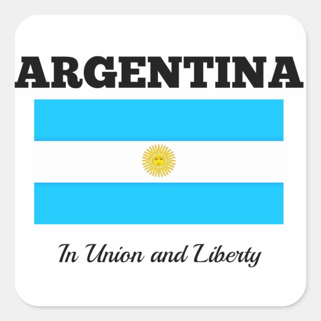 Pegatina Cuadrada Bandera de Argentina, etiquetada con lema (Anverso)