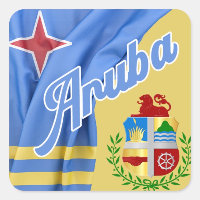 Pegatina Cuadrada Bandera De Aruba Y Escudo De Armas (Anverso)