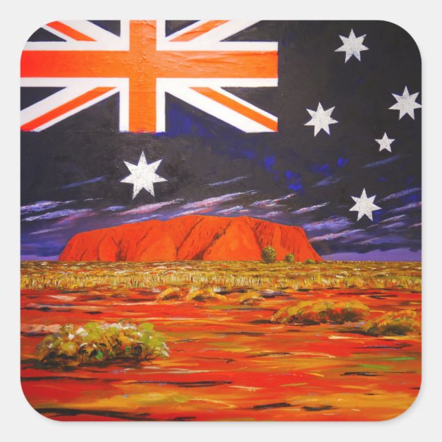 Pegatina Cuadrada Bandera de Ayers rock and australian (Anverso)