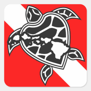Pegatina Cuadrada Bandera de buceo de tortuga de Hawái