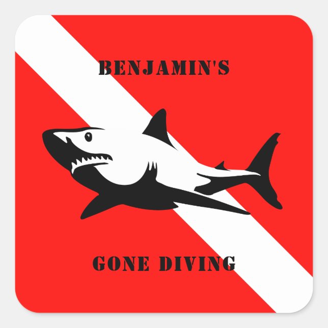 Pegatina Cuadrada Bandera de buceo personalizado Scuba y tiburón (Anverso)