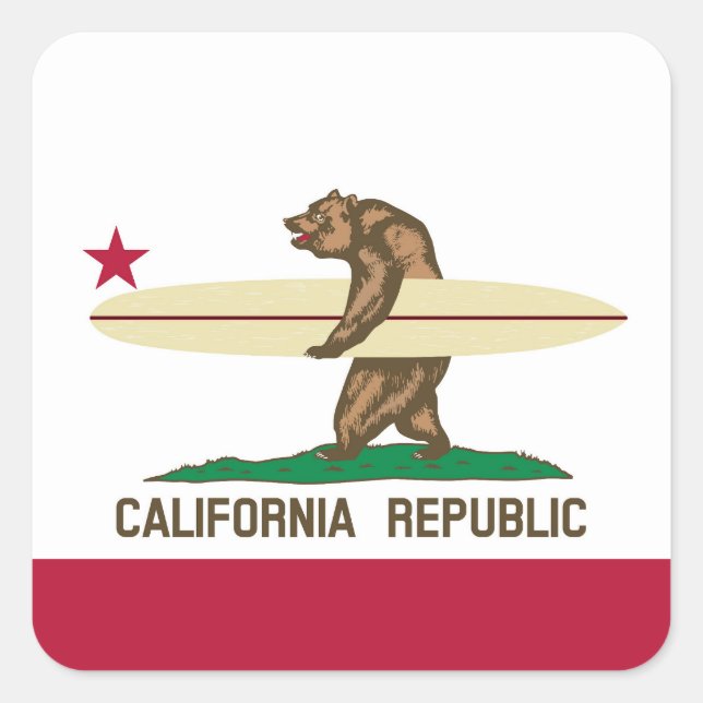 Pegatina Cuadrada Bandera de oso para surfistas de California (Anverso)