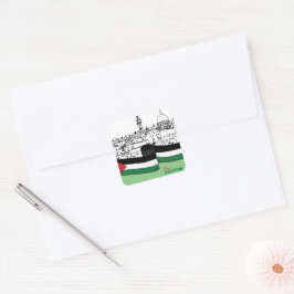Pegatina Cuadrada Bandera de Palestina y antiguas casas dibujadas a 