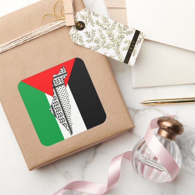 Pegatina Cuadrada Bandera de Palestina y mapa con el modelo de Keffi (Regalar)