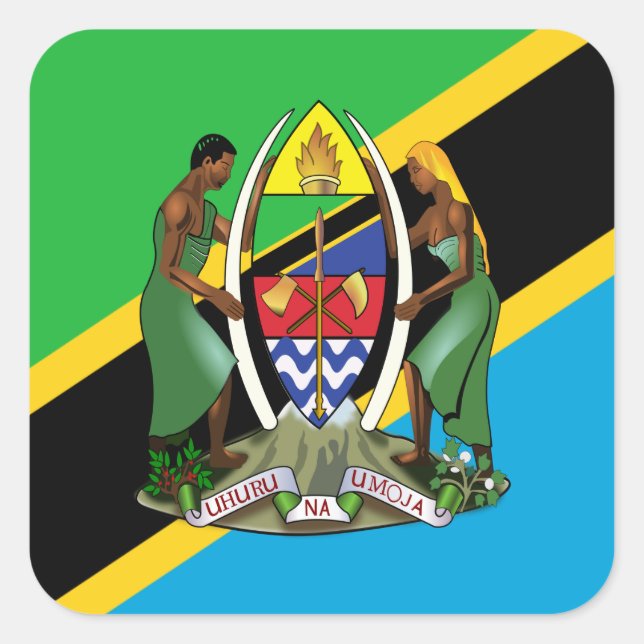 Pegatina Cuadrada Bandera de Tanzania y escudo de armas, bandera de  (Anverso)