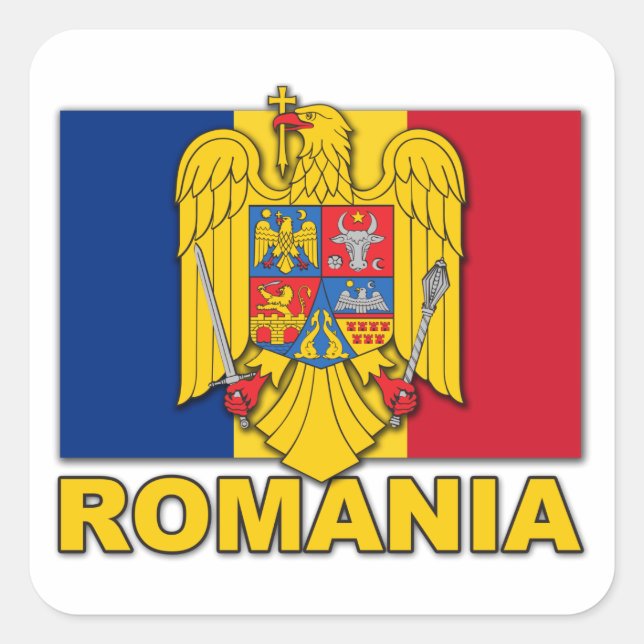 Pegatina Cuadrada Bandera del Escudo de Armas de Rumania (Anverso)