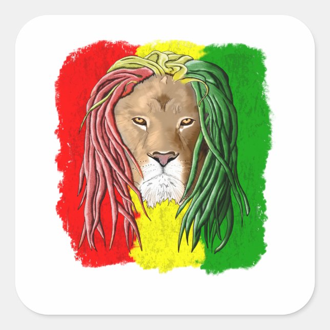 Pegatina Cuadrada Bandera del reggae jamaiquino Rasta Lion (Anverso)