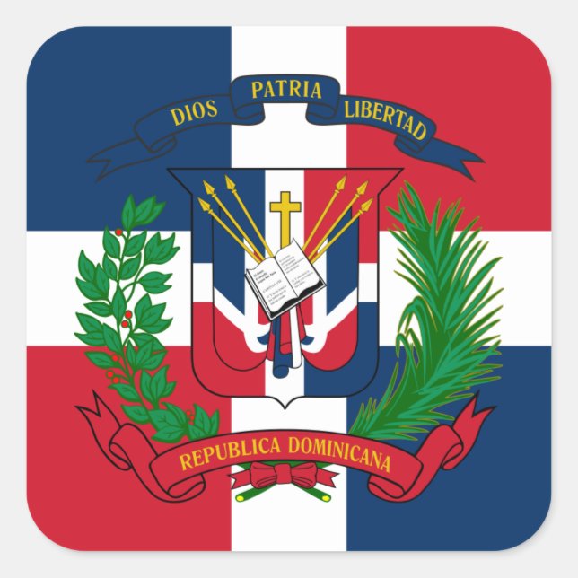 Pegatina Cuadrada Bandera dominicana y escudo de armas, República Do (Anverso)