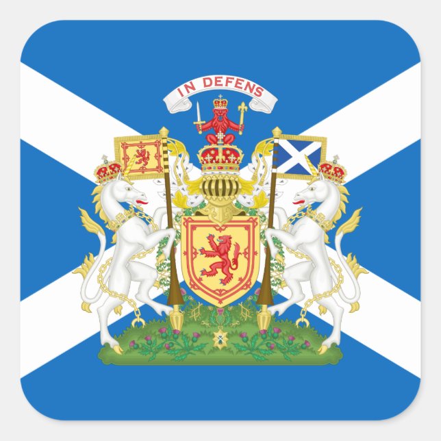 Pegatina Cuadrada Bandera escocesa y escudo de armas real, Escocia (Anverso)
