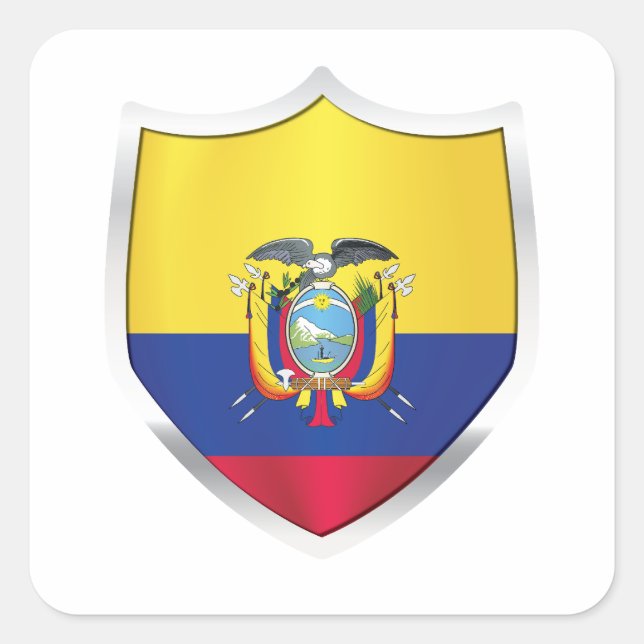 Pegatina Cuadrada Bandera Escudo Plateado de Ecuador (Anverso)
