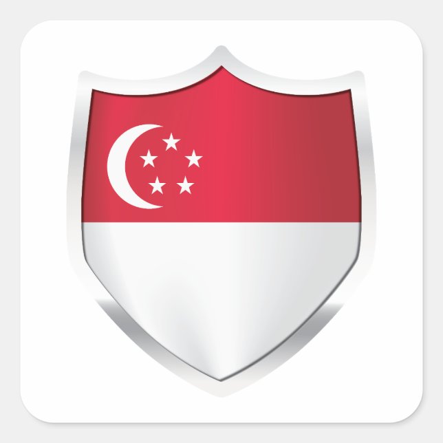 Pegatina Cuadrada Bandera Escudo Plateado de Singapur (Anverso)