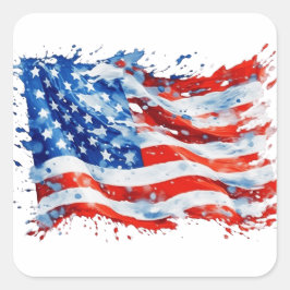 Pegatina Cuadrada Bandera estadounidense acuarela 4 de julio