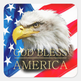 Pegatina Cuadrada Bandera estadounidense, águila, Dios bendiga a Est