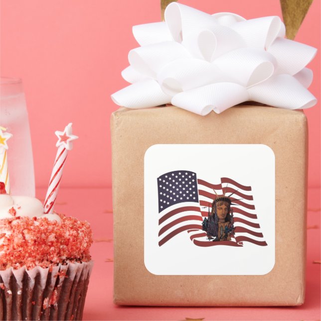 Pegatina Cuadrada Bandera estadounidense y estatua de la libertad (Fiesta)