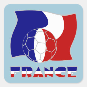 Pegatina Cuadrada Bandera Francesa con Balón de Fútbol Fondo Azul