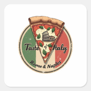 Pegatina Cuadrada Bandera italiana con una Roma vintage y una pizza 