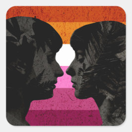 Pegatina Cuadrada Bandera lesbiana con dos siluetas femeninas