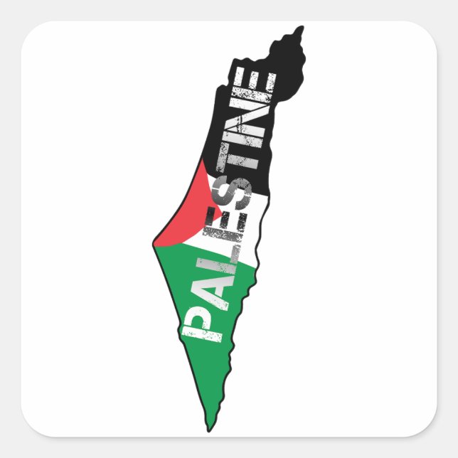 Pegatina Cuadrada Bandera Palestina Libre en el mapa de Palestina (Anverso)
