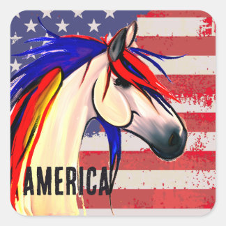 Pegatina Cuadrada Bandera Patriótica Americana Caballo Blanco y Azul