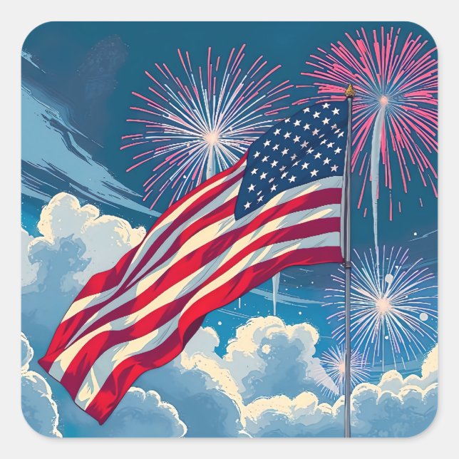 Pegatina Cuadrada Bandera Patriótica Americana con fuegos artificial (Anverso)