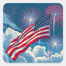 Pegatina Cuadrada Bandera Patriótica Americana con fuegos artificial