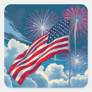 Pegatina Cuadrada Bandera Patriótica Americana con fuegos artificial