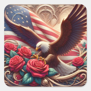Pegatina Cuadrada Bandera Patriótica Americana y Águila