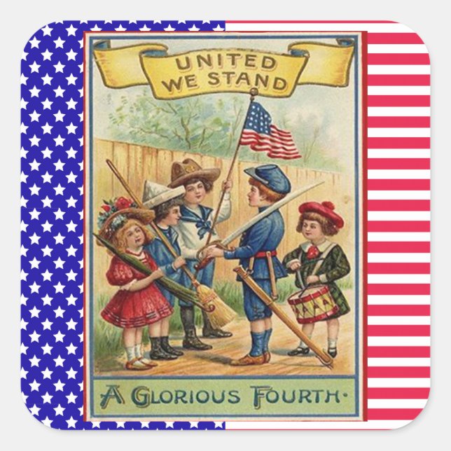 Pegatina Cuadrada Bandera Patriótica del desfile infantil del 4 de j (Anverso)