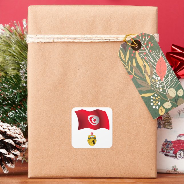 Pegatina Cuadrada Bandera tunecina y escudo de armas patriótico tune (Subido por el creador)