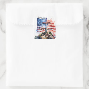 Pegatina Cuadrada Bandera y cruz "Dios bendiga a América"