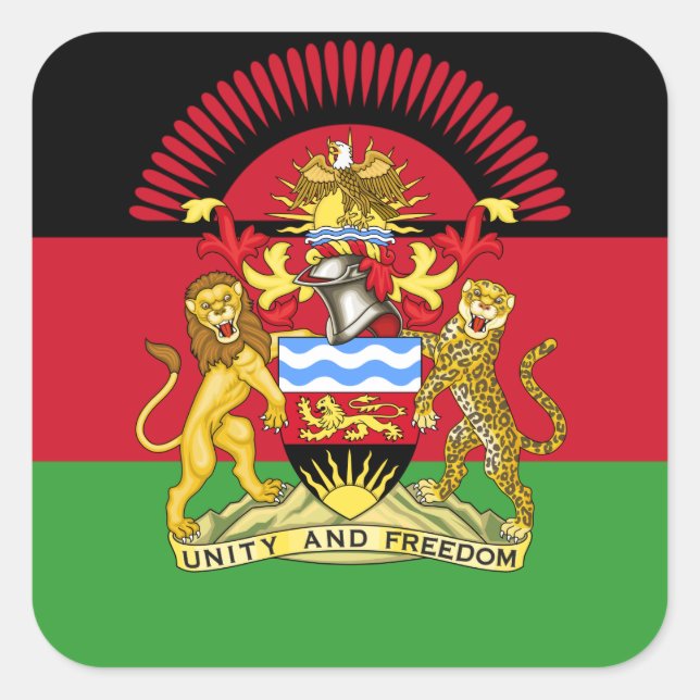 Pegatina Cuadrada Bandera y escudo de armas de Malawi, bandera de Ma (Anverso)