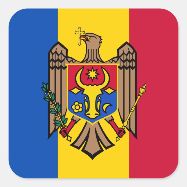 Pegatina Cuadrada Bandera y escudo de armas de Moldova, bandera de M (Anverso)