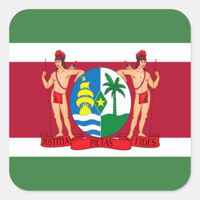 Pegatina Cuadrada Bandera y escudo de armas de Suriname, bandera de  (Anverso)