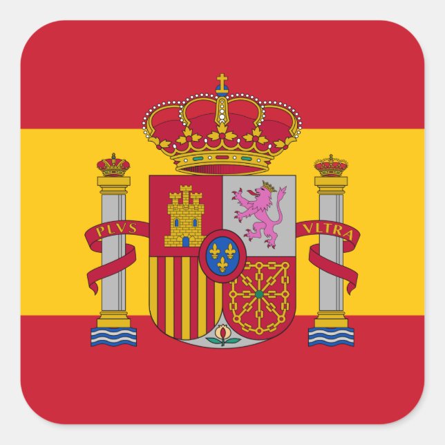 Pegatina Cuadrada Bandera y escudo de armas españoles, bandera de Es (Anverso)