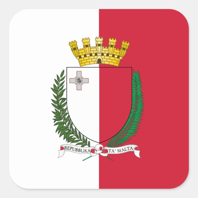 Pegatina Cuadrada Bandera y escudo de maltés, bandera de Malta (Anverso)