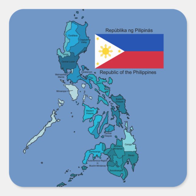 Pegatina Cuadrada Bandera y mapa de Filipinas (Anverso)