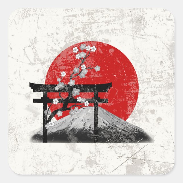 Pegatina Cuadrada Bandera y símbolos de Japón ID153 (Anverso)