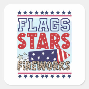 Pegatina Cuadrada Banderas Estrellas y fuegos artificiales Independe