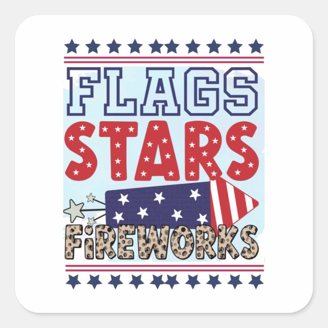 Pegatina Cuadrada Banderas Estrellas y fuegos artificiales Independe (Anverso)