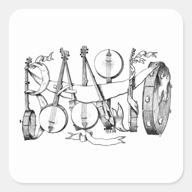 Pegatina Cuadrada banjo escrito con arte de ilustracion banjos (Anverso)