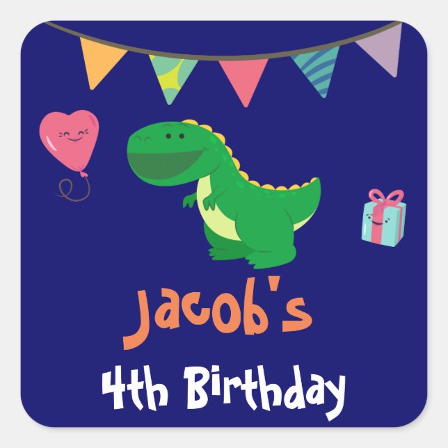 Pegatina Cuadrada Banner de cumpleaños de los niños de dinosaurios e (Anverso)