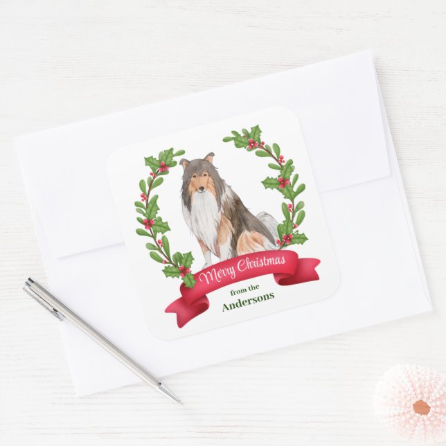 Pegatina Cuadrada Banner de Red Berry Holly Navidades de Perros Coll (Sobre)
