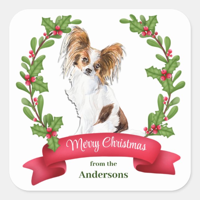Pegatina Cuadrada Banner de Red Berry Holly Papillon Dog Navidades (Anverso)