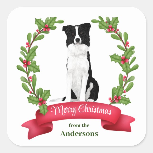 Pegatina Cuadrada Banner Rojo Berry Holly Frontera Navidades de Perr (Anverso)