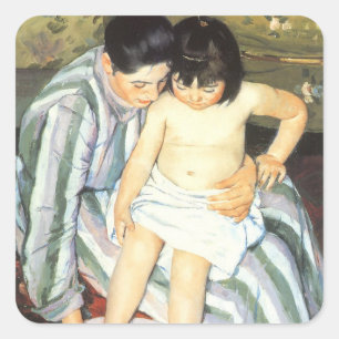 Pegatina Cuadrada Baño de niño de Mary Cassatt Impresionismo vintage