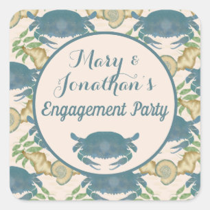 Pegatina Cuadrada Banquete de Cangrejos - Cangrejos Azules Acuarela,