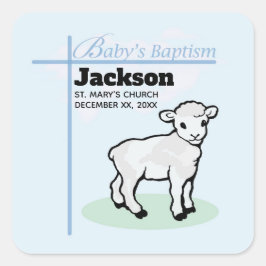 Pegatina Cuadrada Baptism Blue Boy Lamb, Personalizable