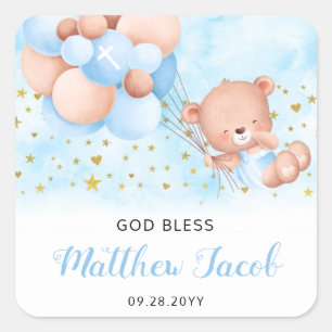 Pegatina Cuadrada Baptismo Azul Teddy Bear Gracias Baptismo Favor