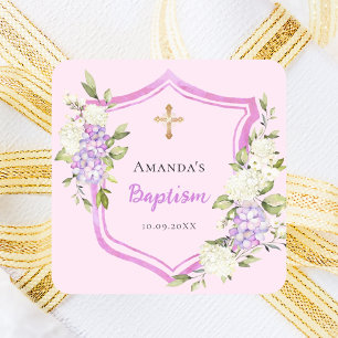 Pegatina Cuadrada Baptismo escudo flores púrpura rosa chica